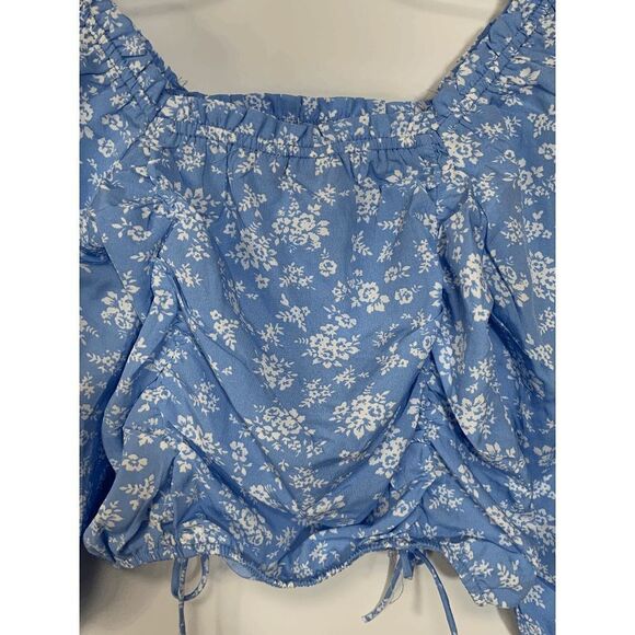 Speed Limit Womens Blouse Cropped Square Neck Drawstring Floral Blue Medium - Picture 9 of 9